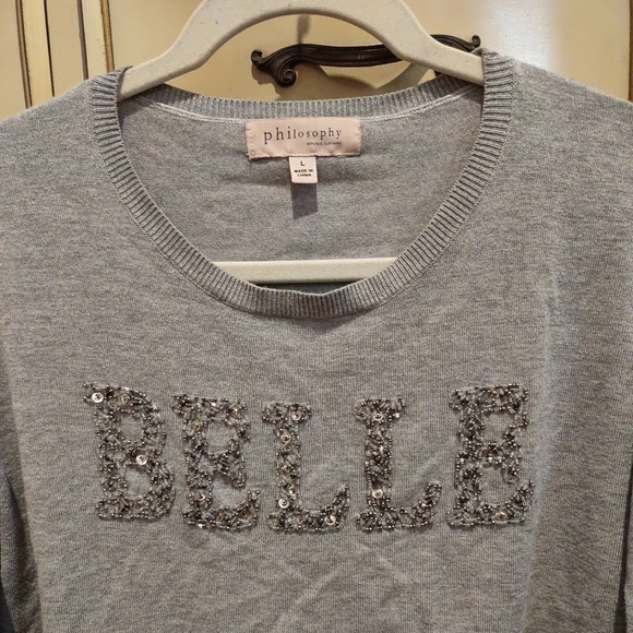Philosophy Gray Cropped Top Long Sleeves Size L w/ BELLE Beaded Word - Picture 13 of 14